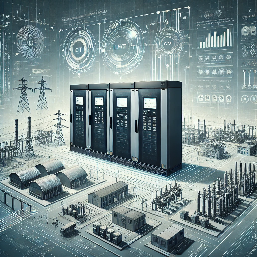 DALL·E 2024 11 26 23.14.32 An industrial themed illustration showcasing advanced LT_HT panels in action managing power distribution across multiple sectors. The image features 