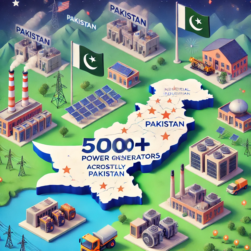 DALL·E 2024 11 26 23.17.44 An illustration showing 500 power generators successfully installed across Pakistan highlighting their use in diverse industries including industria